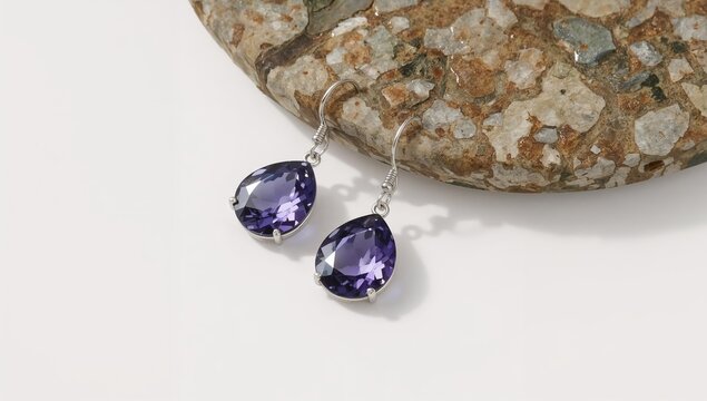 Iolite gemstone dangle earrings violet blue mystical gemstone elegance on plain white background