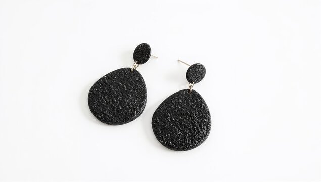 Lava stone earrings porous black natural volcanic textured boho design on plain white background