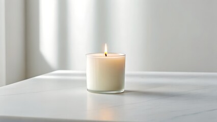 A Lit White Candle in a Glass Jar on a Marble Surface with Soft Sunlight and Shadows