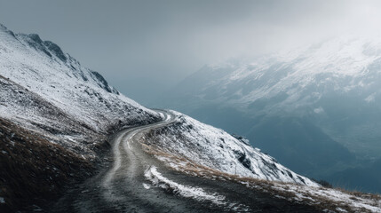 A winding mountain road covered in a dusting of fresh snow leads into a hazy distance with snow-capped peaks on a cloudy winter day in the mountains landscape.