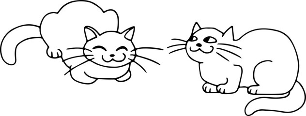 Two cute funny cats are sitting like a loaf and smiling, drawn with crooked grunge lines