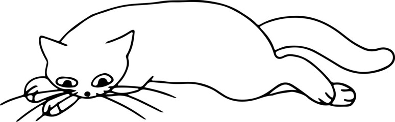 A cute funny thoughtful cat lies with its paws under its head, drawn with crooked grunge lines