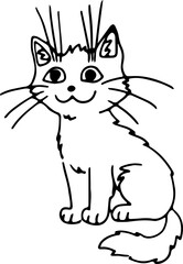 A cute funny shaggy mustachioed cat sits and looks at the camera, drawn with crooked grunge lines