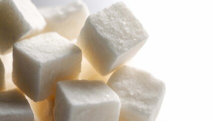 Bright white sugar cubes, showcasing their clean, geometric form and crystalline texture, symbolize concentrated sweetness and a key culinary additive