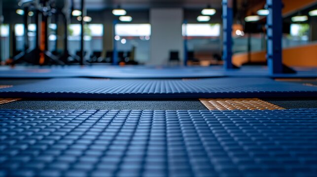 A photo of yoga mats laid out on a gym floor.