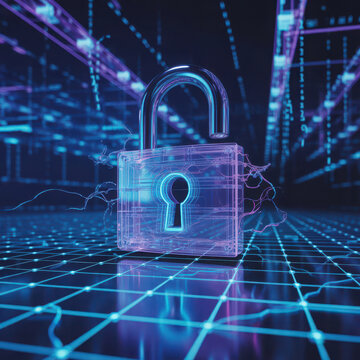 Cyber security concept: open digital padlock on a glowing grid network.