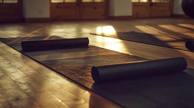 A photo of yoga mats laid out on a gym floor.