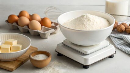 Baking Ingredients Arranged on a White Countertop with Flour on a Scale Eggs Butter and Walnuts