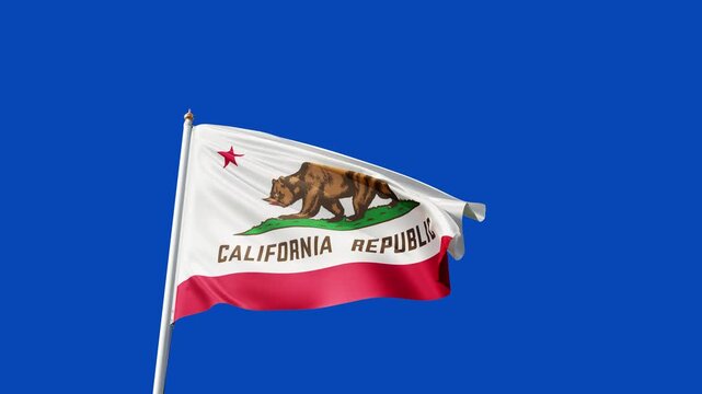 California flag 4K video on a greenscreen, flag of California with no background, waving in the wind, american state flag, tall flagpole, USA, US patriotism