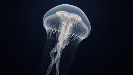 A jellyfish swimming in the dark ocean.
