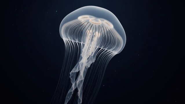 A jellyfish swimming in the dark ocean. - Powered by Adobe