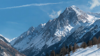 A stunning view showcases snow covered mountain peaks against a clear blue sky with scattered trees below, evoking the serene beauty of the winter landscape.