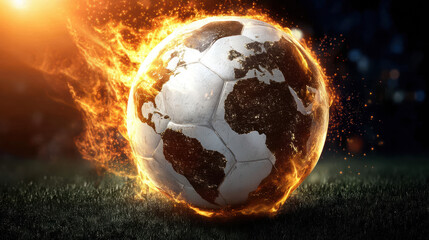 A blazing soccer ball with a world map design sits on the grass surrounded by vibrant flames and sparks, symbolizing the global passion for the sport of soccer.