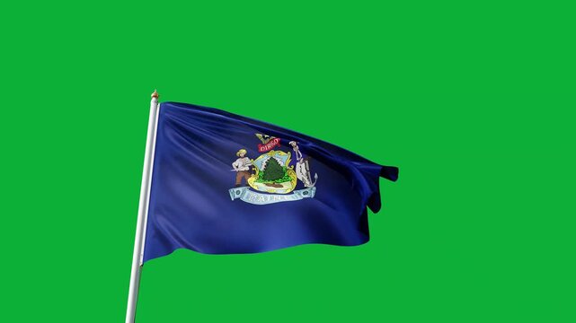 Maine flag 4K video on a greenscreen, flag of Maine with no background, waving in the wind, american state flag on a blue sky, tall flagpole, USA, US patriotism