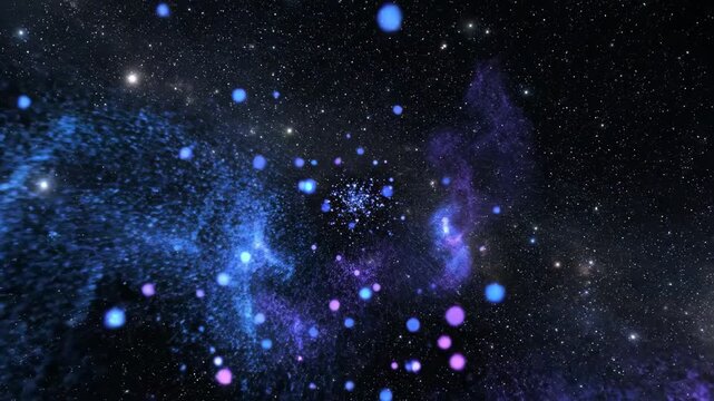 Seamlessly looping deep space environment featuring glowing blue and purple particles floating and dissipating within a vast void background high quality, data stream, vortex