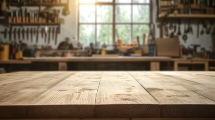 A wooden workbench in a well-lit workshop, surrounded by tools and equipment, creating a warm, inviting atmosphere for crafting and building projects.