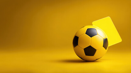 A vibrant yellow and black soccer ball rests against a matching yellow card on a soft yellow surface in a visually striking, minimalist composition.
