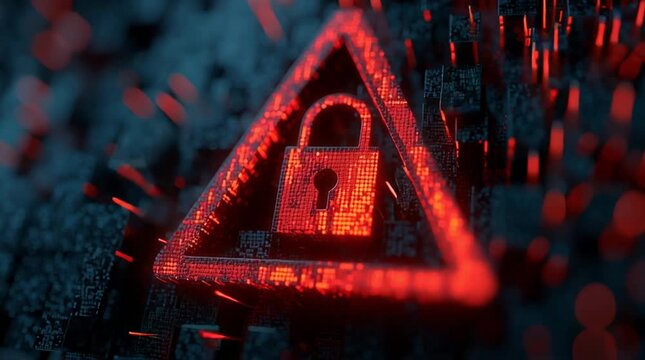Digital padlock warning triangle over code highlights ransomware breach and urgent cybersecurity threat detection