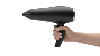 Woman's hand holding a modern black blow dryer isolated on white background