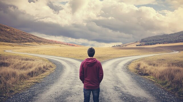 A person standing at a fork in the road contemplating a major life decision showing internal judgment