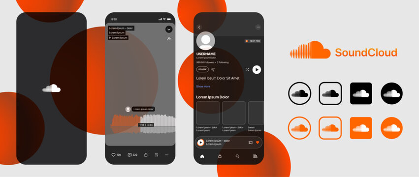 soundCloud mobile player interface, orange streaming app UI with listen on SoundCloud buttons