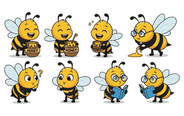 Obraz premium Set of cute cartoon bee characters isolated on white background. Honeybee characters with different emotions, holding a pot of honey, a book, a pencil and a spoon. Emoticon vector collection.