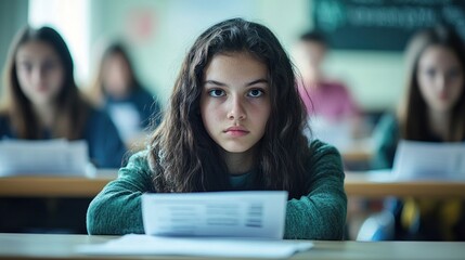 A student takes a final exam in a quiet classroom with focused expression surrounded by desks and exam papers