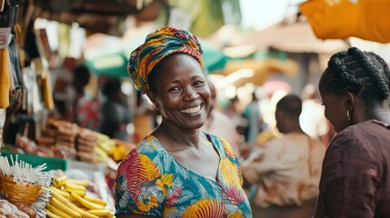 A vendor and a shopper smiling after agreeing on a deal at a bustling outdoor market