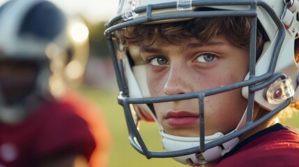 A young athlete preparing for a kickoff in a high school football game, with determination and focus visible on their face