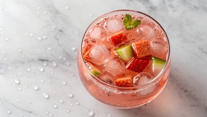 Refreshing Pink Strawberry and Cucumber Cocktail with Mint and Ice Cubes on Marble Surface with Water Droplets