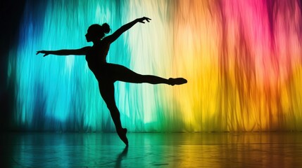 An artistic silhouette of a dancer executing a graceful kick on stage with dramatic lighting and colorful backdrop
