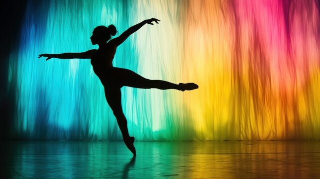 An artistic silhouette of a dancer executing a graceful kick on stage with dramatic lighting and colorful backdrop