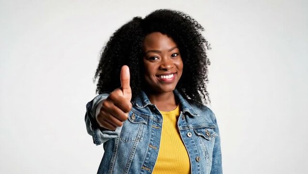 A confident professional giving a thumbs up gesture in a studio setting, viewed from the front.