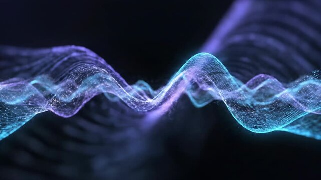 Seamlessly looping digital light frequency wave background displaying vibrant cyan and purple data transmission moving across the screen internet, clean, backdrop