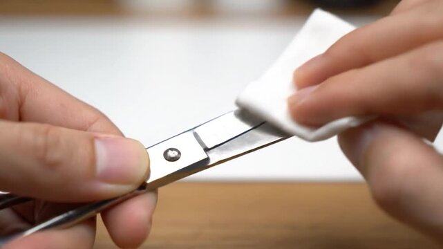 Hands cleaning shiny metal scissors with a white cloth, close-up shot on a blurred background