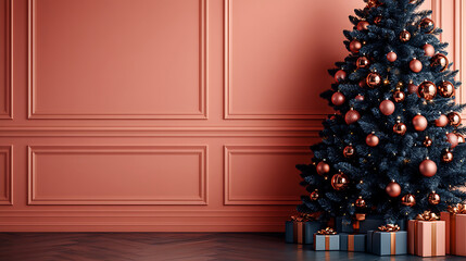 Christmas tree with copper ornaments and gifts creating a festive holiday atmosphere against a classic wainscoting coral wall background
