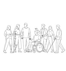 A diverse group of people, including individuals with disabilities, standing together in a line art illustration.