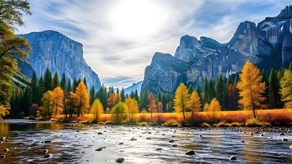 Majestic yosemite valley in autumn with golden trees and reflecting river under dramatic sky