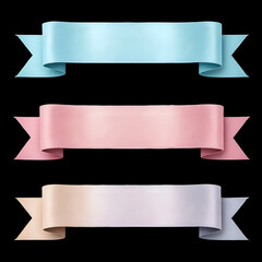 Three satin ribbon banners in pastel blue pink and pale lavender on black
