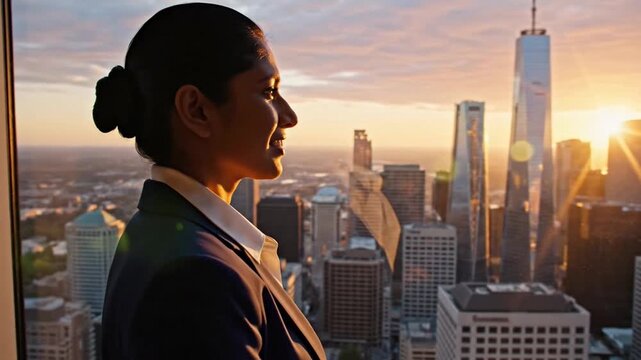 A fintech developer reviews code on a laptop with a cityscape view at sunset from a high-rise office building