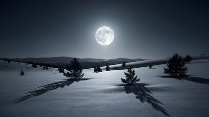 Peaceful Moonlit Snowy Landscape 4K Wallpaper – Minimalist Winter Full Moon Nature Scene