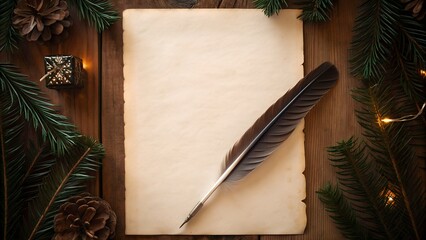 Blank Aged Parchment With Quill Pen And Christmas Decorations On Wooden Table