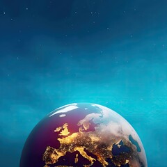 Overhead View Of Europe At Night From Outer Space Illuminated By City Lights And Stars On A Deep Blue Background