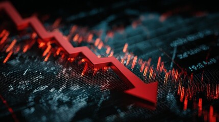 Red Arrow Downward Against Abstract Digital Background Representing Financial Market Decline and Price Drop in Stock Market Trends