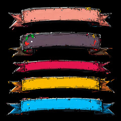 Five colorful hand drawn grunge banner ribbons set against a stark design element
