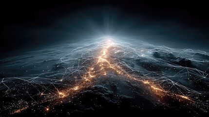 Planet Earth illuminated with glowing digital network nodes and data streams in a dark abstract futuristic concept with bright light emission from the core