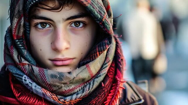 A young man dressed in casual outdoor clothing, featuring a scarf and jacket