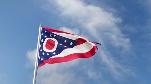 Ohio flag 4K video, waving in the wind, american state flag on a blue sky, tall flagpole, USA, US patriotism, flag of Ohio