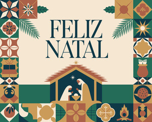 Fototapeta premium Feliz Natal Christmas Greetings with Nativity, Food, and Gifts