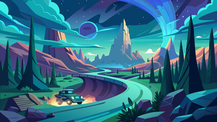 Fantastic Frontiers: a dreamlike, tech-infused landscape in flat vector style